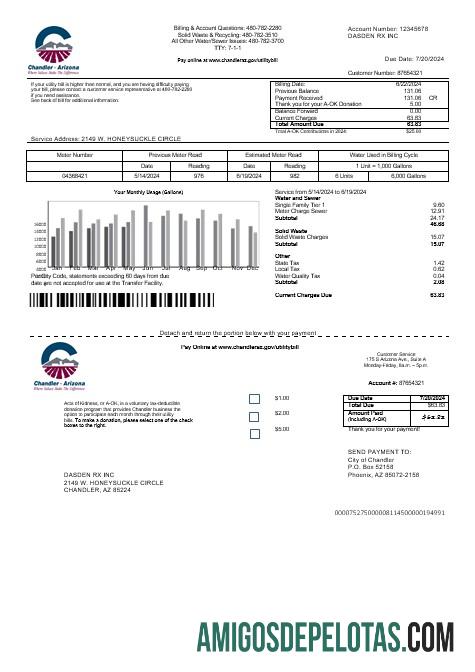 realista Modelo de fatura de serviços públicos de negócios dos EUA Arizona Chandler em formatos Word e PDF